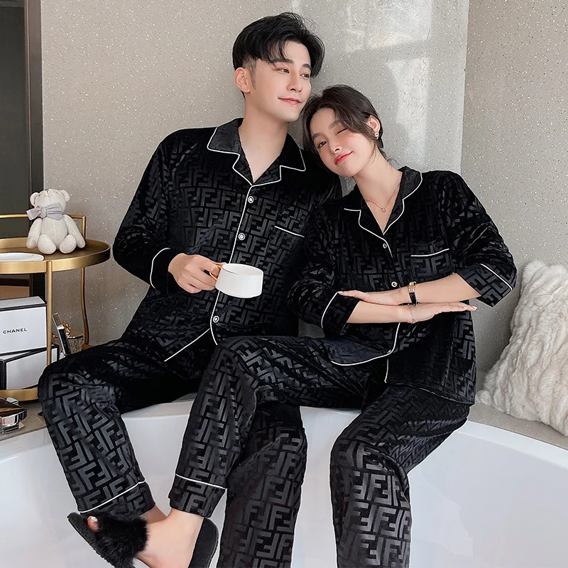

Women's Pajamas Set Warm Winter Velvet Home Clothes Letter Print V Neck Casual Homewear Plus Size 3XL Couple Nightgown New Femme