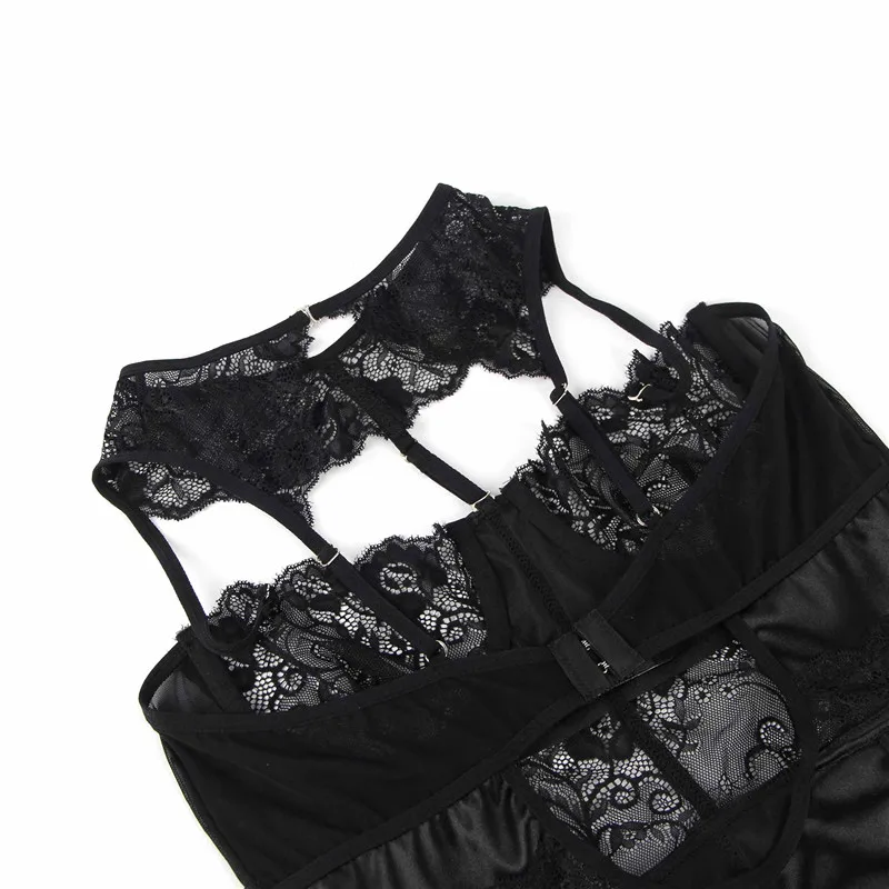 

HOTOhyeahlover Hollow Out Sexy Babydoll Nightwear Halter Stitching Lace Seksowna Bielizna Sleeveless See-through Mesh Satin