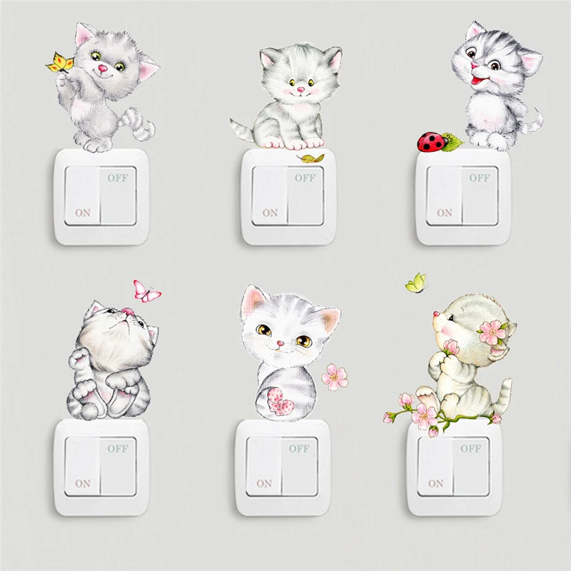 

6 Cute Cats Switch Stickers For Kids Room Bedroom Home Decoration Diy Cartoon Animal Kitten Mural Art Pvc Wall Decals