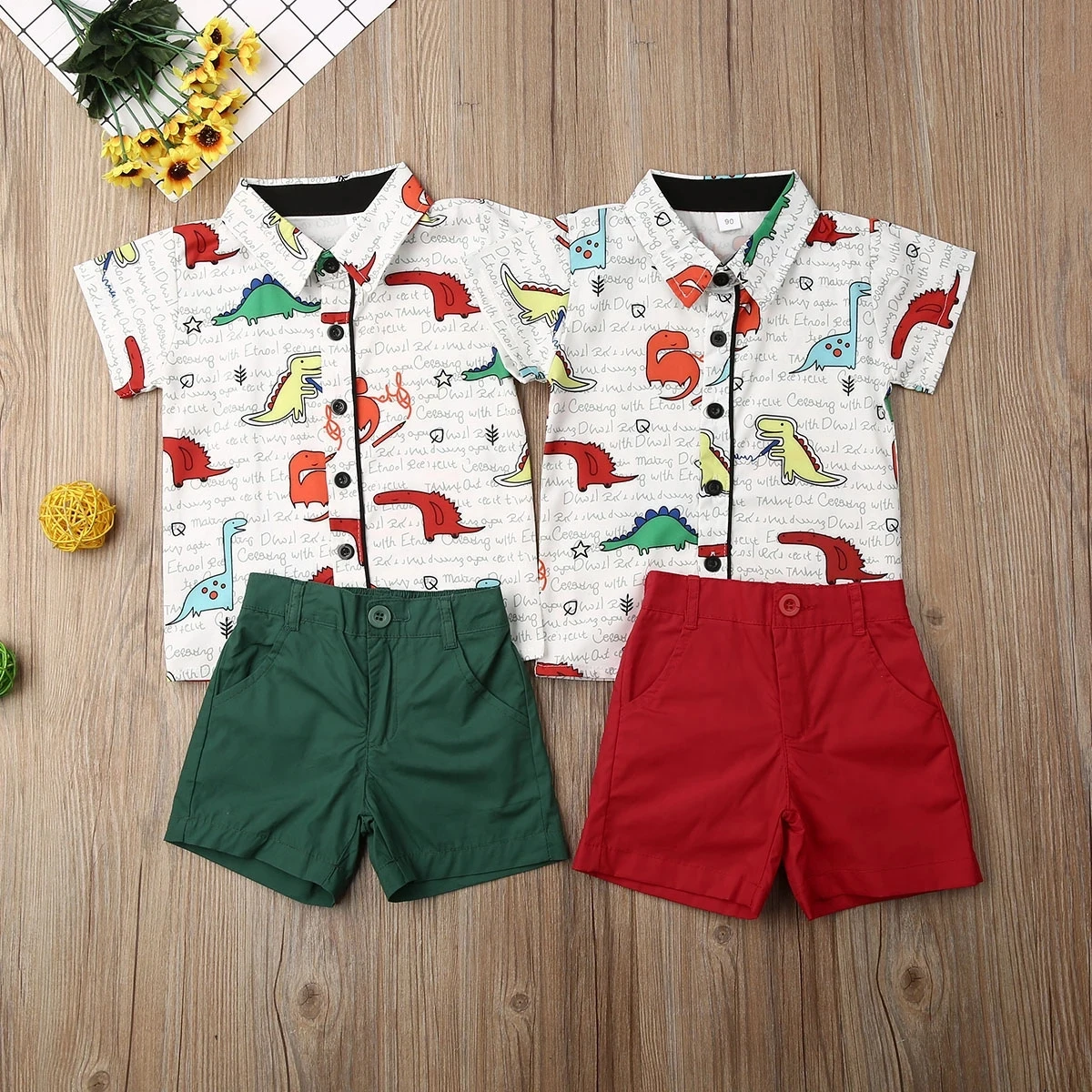 

2021 Summer Toddler Baby Boy Clothes Cartoon Dinosaur Print Short Sleeve Shirt Tops Short Pants 2Pcs Outfit Gentleman Clothes