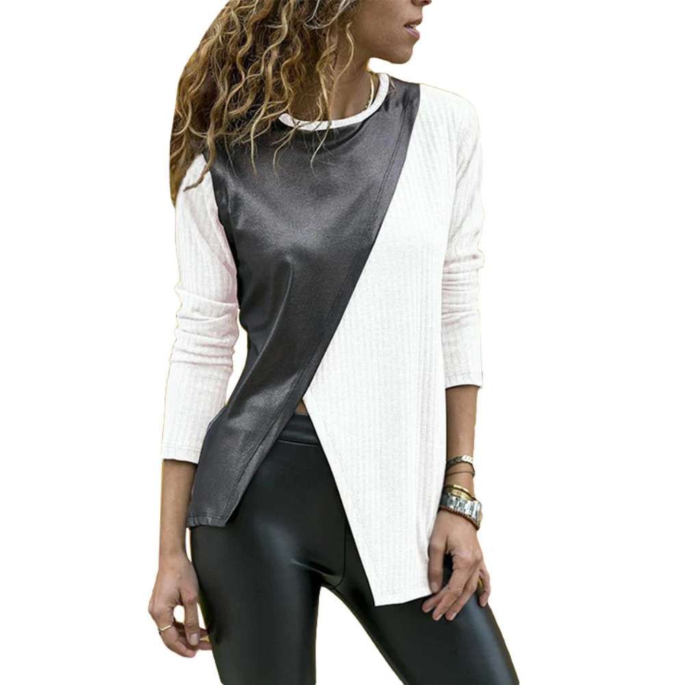 Модная женская футболка с длинным рукавом из искусственной кожи | Женская одежда