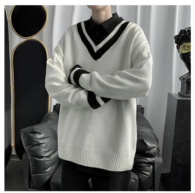 

Spring Sweaters Preppy Knitted V-Neck Loose Women Sweater Casual Plus Size Black White Stripes Couple Pullover Sweater Coat