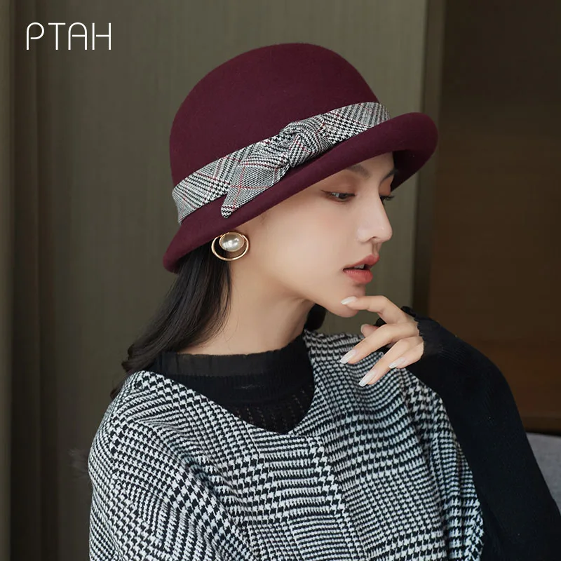 

[PTAH] 2021 New Fedoras For Women 100% Wool Hats Church Autumn Winter Warm Womens Felt Hat Fedoras British Style Vintage Hat Cap