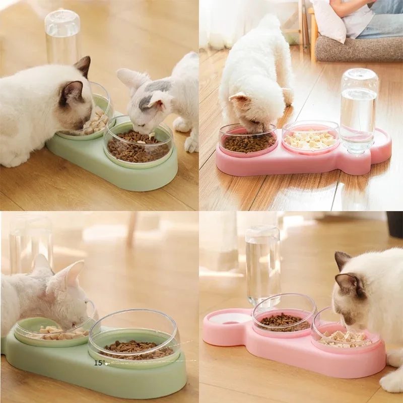 

New Pet Cat Bowl Automatic Feeder Dog Cat Food Bowl with Water Fountain Double Bowl Drinking Raised Stand Dish Bowls Cat Feeder