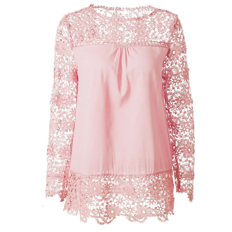 S-7XL Chiffon Blouse Women Plus Size Lace Floral Hollow Out Tops Casual Long Sleeve Solid Color Slim Ladies Shirts Blusas | Женская
