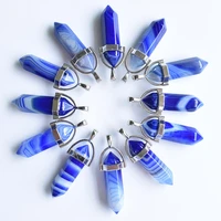 wholesale 24pcslot high quality blue stripe onyx pillar shape point chakra charms pendants for jewelry making free shipping