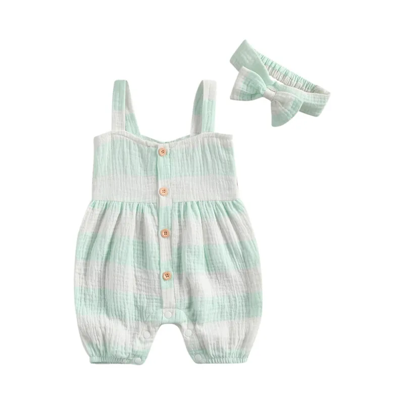 

0-24M Infant Kid Baby Girls Clothes Set, Sleeveless Striped Jumpsuit with Fashion Buttons + Bow-knot Headband for Summer