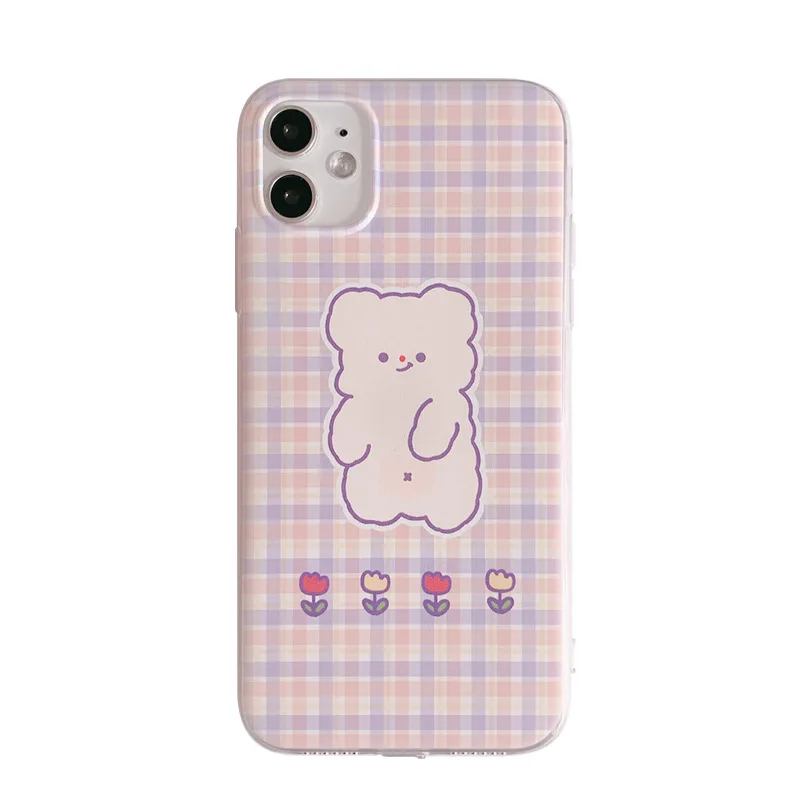 

2020 Fashion Cute Purple Plaid Bear Case For iPhone 12 12min 12Pro 12ProMax 11 11PROMAX 11PRO SE2020 7 8 7Plus 8Plus X XSMAX XR
