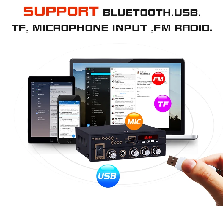Kinter T1 для bluetooth 2.0CH домашний усилитель аудио с микрофоном/USB/TF/FM/AUX воспроизведение стерео звук управление громкостью низких частот
