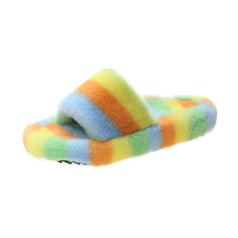 

Multi-color Women Fluffy Slippers Winter Plush Non-slip Comfy Slippers Warm Fur Indoor Outdoor Ladies Shoes 2021