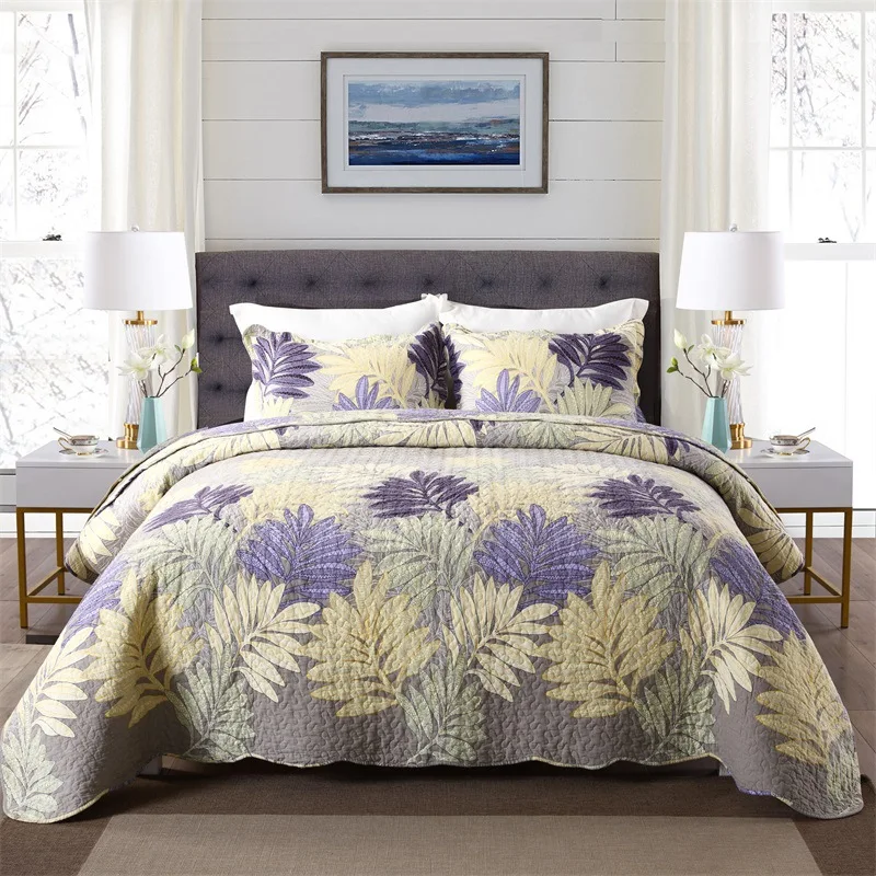 

Home Textile Quilt Bedspread 100%Cotton Bed Cover Patchwork American Style Purple Blue Leaf Air-condition Comforter 230*250cm