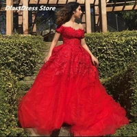 elegant red tulle long evening dresses with lace applique off shoulder tailing prom dress tulle bride vestido de fiesta de boda