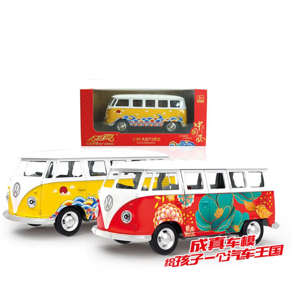 Modelo de autob&uacute;s Volkswagen T1, juguete de aleaci&oacute;n fundido a presi&oacute;n, estilo chino, con luz, 3 puertas, veh&iacute;culo Opend, juguetes para ni&ntilde;os, 1/30-0