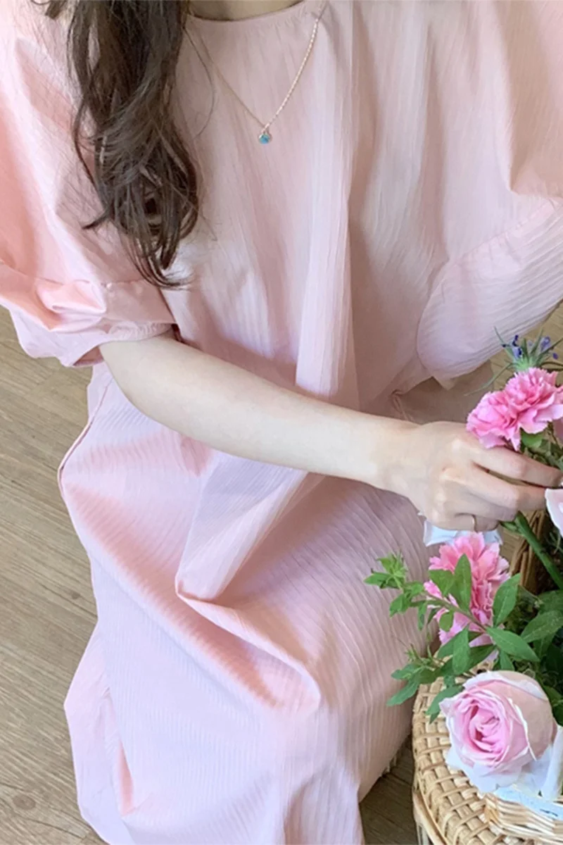 

Korean Chic Soft Sweet Dress Round Neck Double Pocket Part Dress Dark Stripe Design Looselantern Sleeve Dress for Women