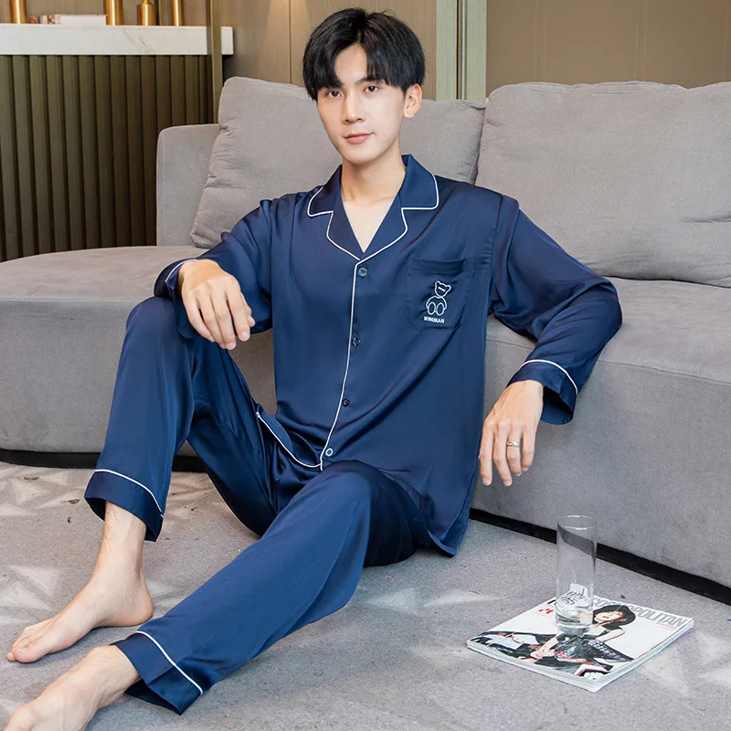 

Men's Long-sleeved Satin Autumn Clothes for Men's Cardigan Solid Colors Two-piece Set Large Size Home Suit Pijamas for Men