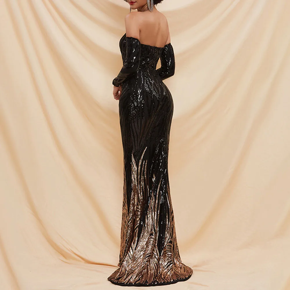 

Black Evening Long Dress Sexy Off Shoulder Long Sleeve Color Block Sequins Glitter Luxury African Celebrity Party Dresses Maxi