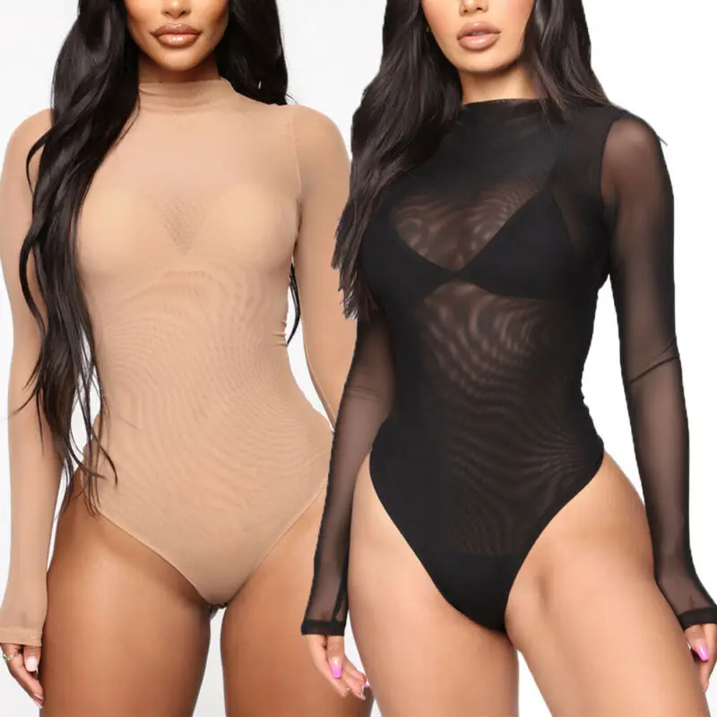 

Women Long Sleeve Bodysuit Ladies SeeThrough Bodycon Romper Leotard Tops