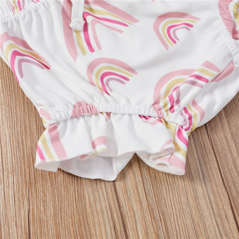 

Girls Summer Two Piece Set Fashion Rainbow Button Suspender Tops and Ruffles Triangle Short Pants