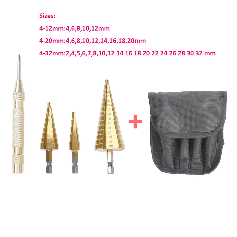3pcs with bag 110 мм конусное отверстие HSS с титановым покрытием Ступенчатое сверло для бурения электроинструментов HSS 6-60 мм стальной металлический Дырокол - Цвет: 3pcs with bag