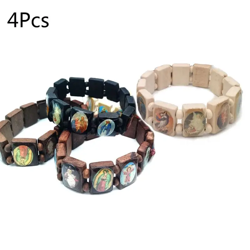 4pc Catholic Jewelry Christian Supplies Wooden Icon Elastic Bead Bracelet Gift