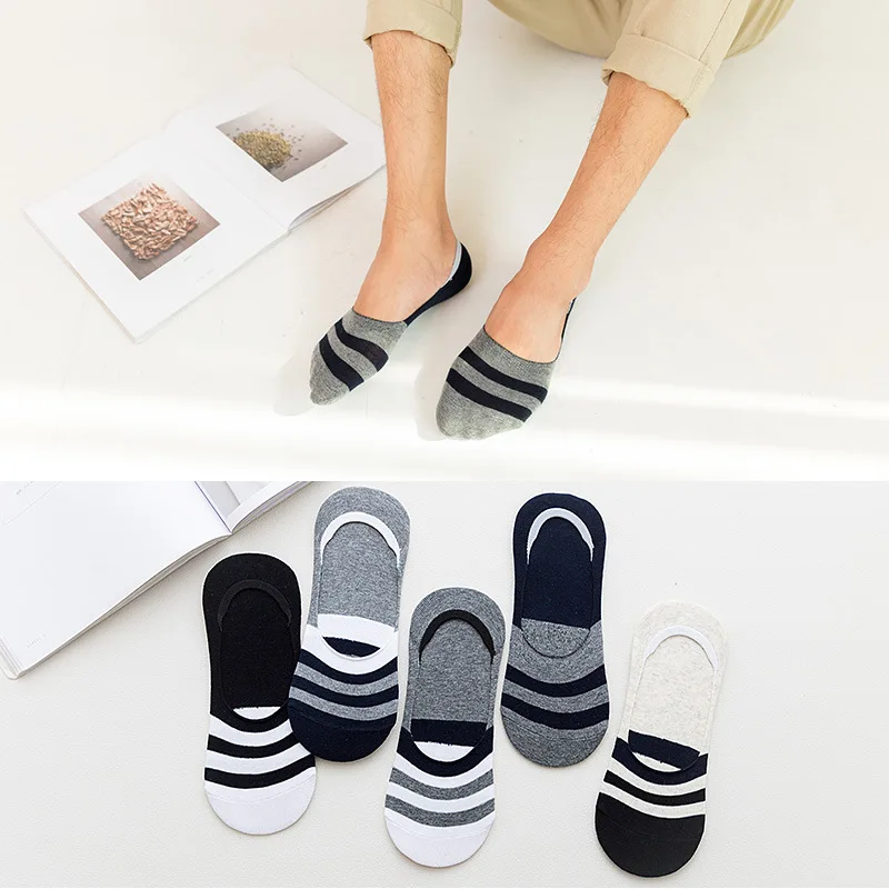 5 Pairs Men Invisible Socks Non-slip Silicone Striped Boat Spring Summer Fashion Ankle Sock Cotton Short Meias |