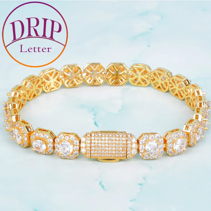 

9mm Square Men's Gold Color Bracelet Chain Hip Hop Finish Zircon Copper Link Fashion Rock Jewelry