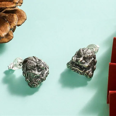 

Domineering Lion Head Stud Earrings Retro Silver Color Pi Xiu Earrings Good Lucky Jewelry for Men Women's Punk Earrings Gifts