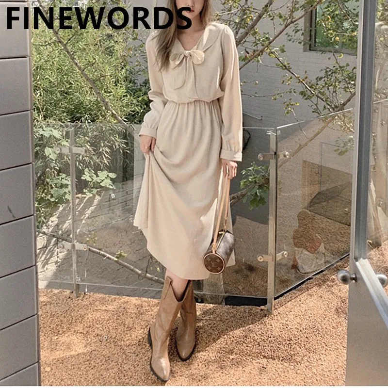 

Простое Элегантное весеннее платье FINEWORDS, женское повседневное шифоновое платье с длинным рукавом в японском стиле Харадзюку, праздвечерни...