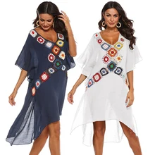 New Swim Cover Up Tunic Beach Dress Summer Women Beach Wear Boho Crochet Swimsuit Ups White Robe Dresses Long Pareo Beachwear