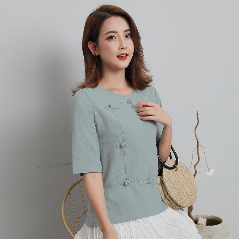 

Женская льняная футболка с коротким рукавом, свободная рубашка из хлопка и льна с пряжкой в стиле ретро, лето 2020