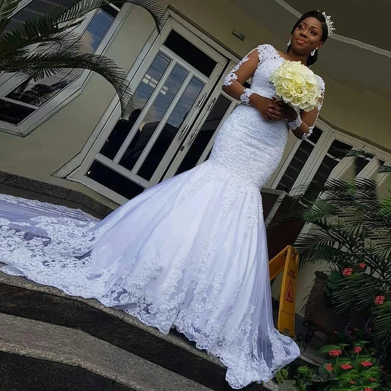 

Robe de Mariage 2023 Long Sleeves Wedding Dress Mermaid Beaded Tulle Vestido De Noiva Lace Applique Wedding Gowns For Bridal