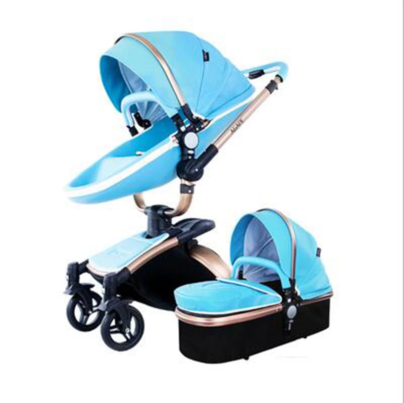 blue two in one Кожаная складная детская коляска 3 в 1 может лежать на 360 ° вращающаяся амортизирующая четыре колеса многофункциональная детская коляска - Цвет: blue two in one