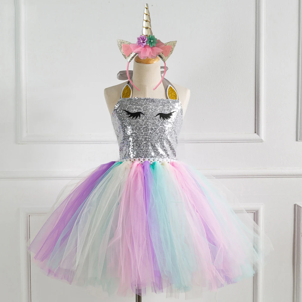 dress with horn Детская праздничная одежда с цветочным рисунком для костюмированной вечеринки; Радужное платье-пачка с единорогом; Детский новогодний костюм для девочек; праздничная одежда - Цвет: dress with horn