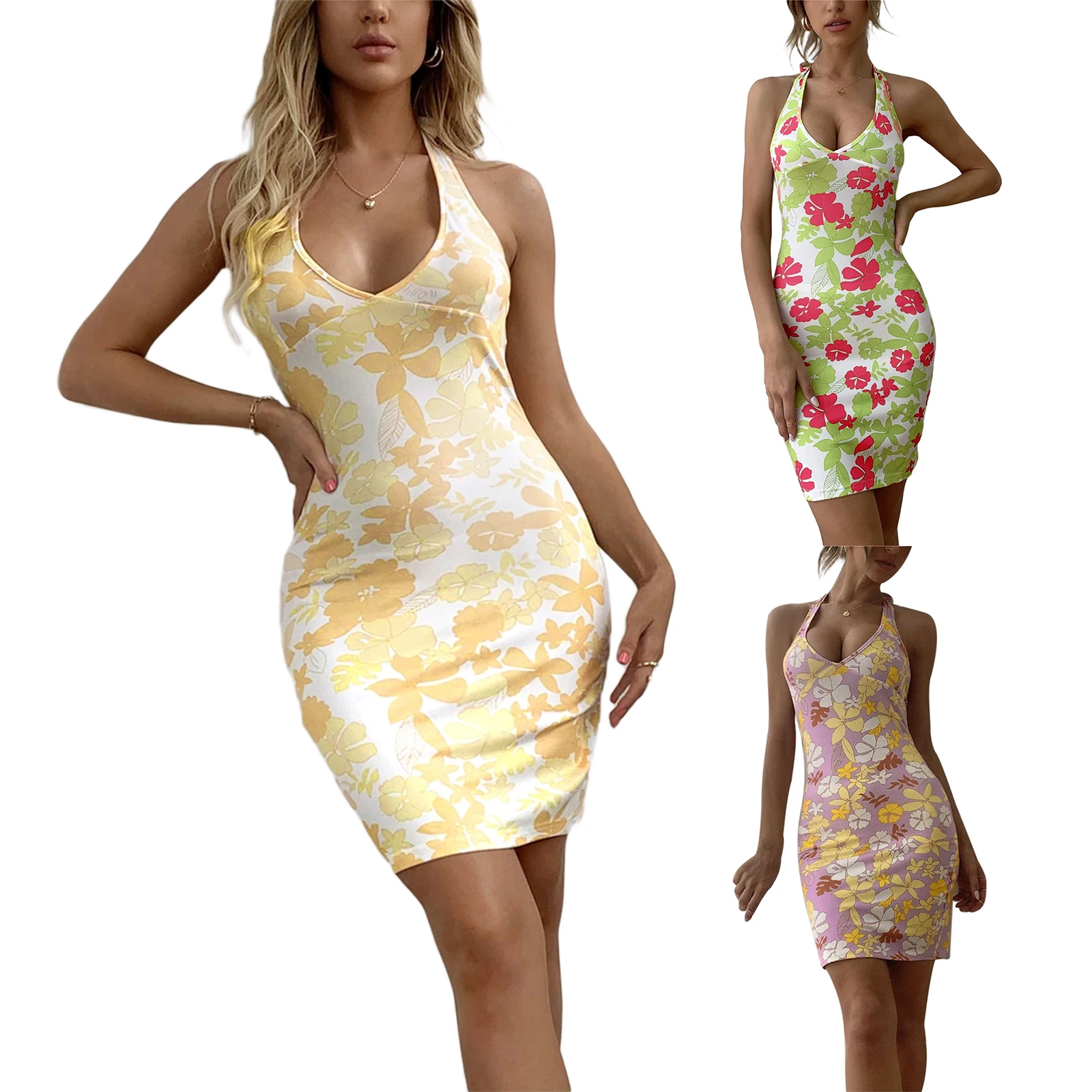 

2021 New Female Short Dress, Floral Print Halterneck Strappy Sleeveless for Summer, Yellow/Purple/Green