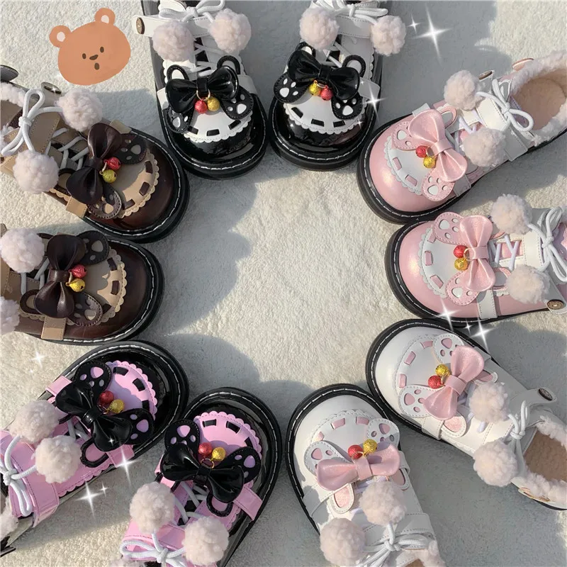 

Зимние милые мягкие туфли Lolita с круглым носком для девушек в японском стиле Харадзюку со шнуровкой и бантом