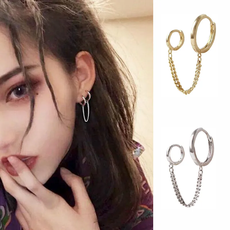 

New Double Pierced Conjoined Chain Earrings For Female European and American Simple Punk Street Girls Boy Single Jewelry