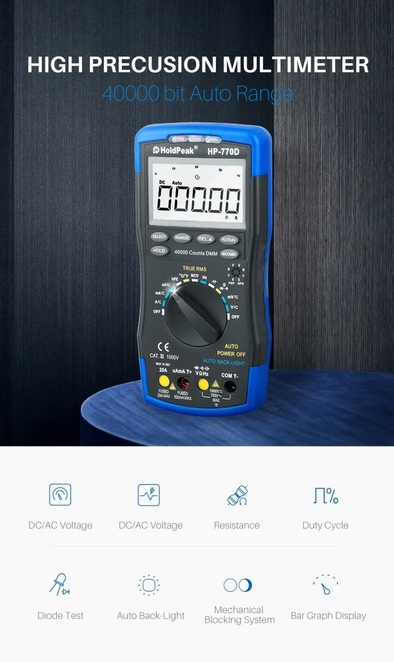 HoldPeak HP-770D Multifunction Digital Multimeter Auto Range Multimetro Measure Ohm Volt Amp Esr Capacitor Tester 40000 Counts