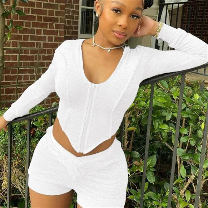 

Women 2pcs Homewear Sets Casual Lady Zipper Solid Color Hooded Long Sleeves Top + High Waist Shorts Spring Autumn Costume Suits