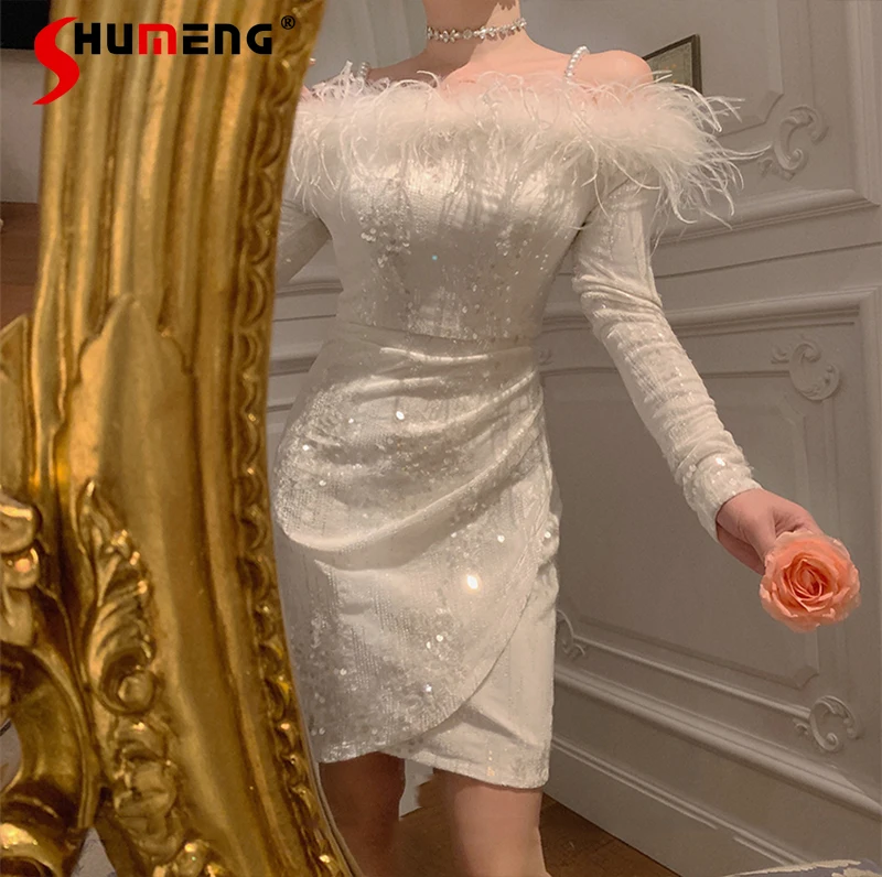 

Light Luxury Embroidery Sequins Feather Off-Shoulder Above Knee Dress 2022 Spring Ladies New Banquet A-line Party Evening Dress