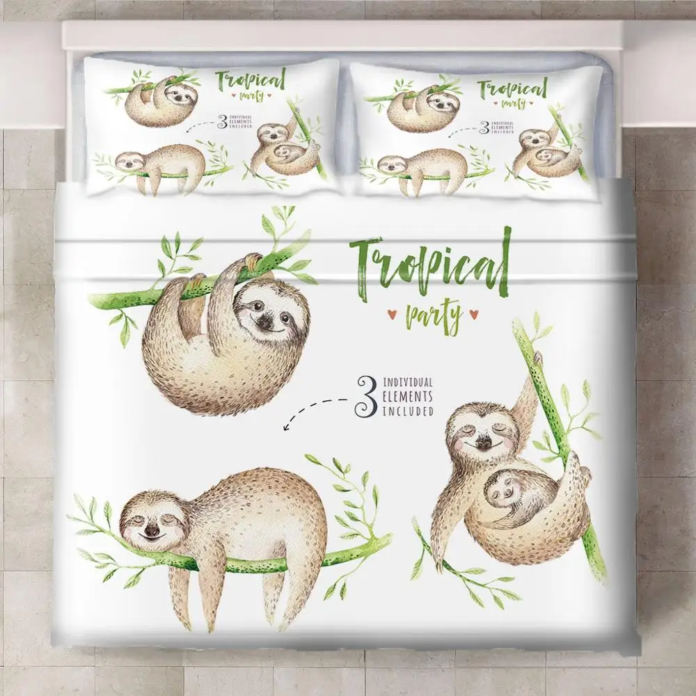 3Pcs/Set Happy Lazy Sloth Smile Cartoon Bedding Set Sheet Children Room Bed Pillow Case For Kids Girl Boys | Дом и сад