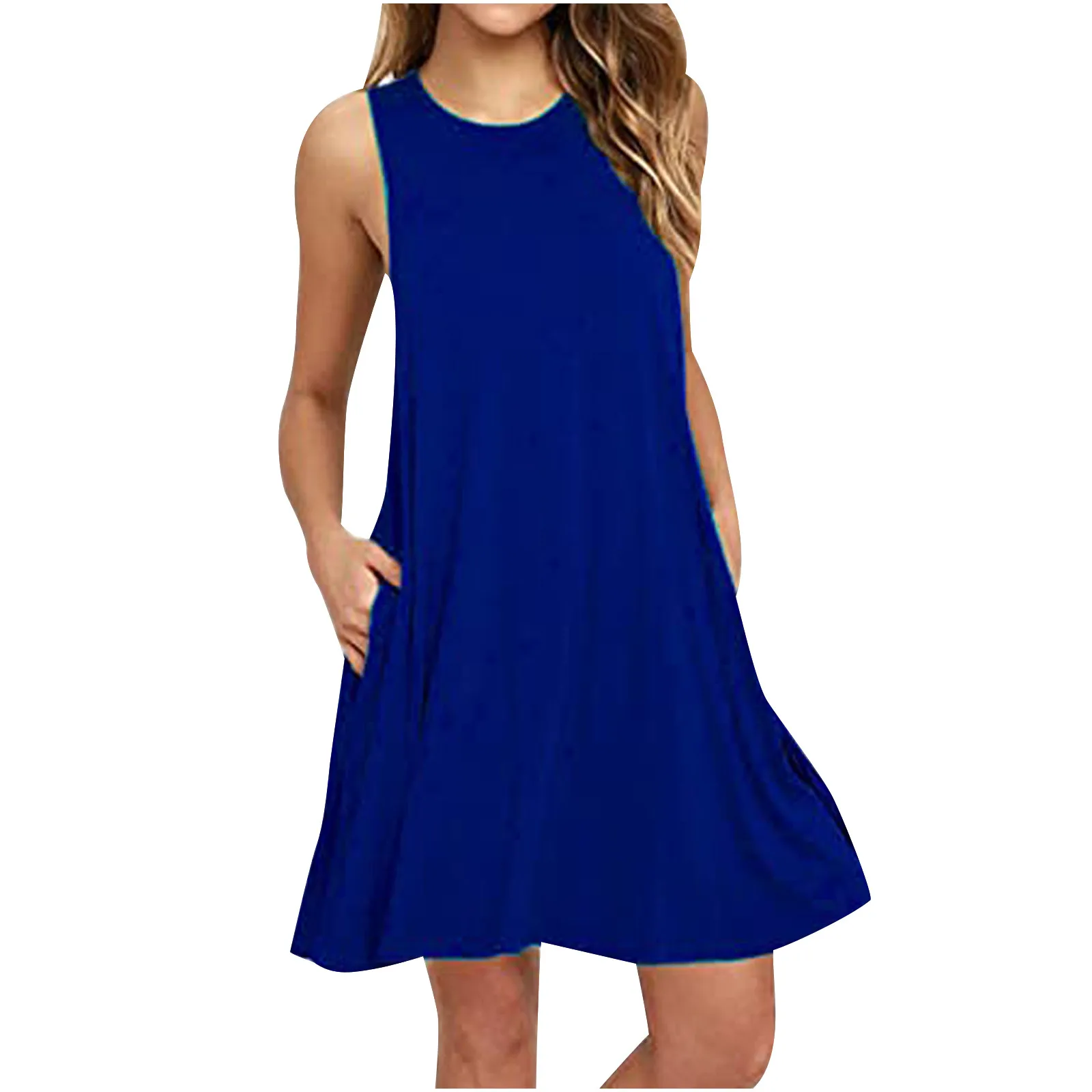 

Dresses For Women 2021 Summer Casual O-neck Casual Solid Color Pockets Sleeveless Above Knee Dress Female Loose Party Dress#35