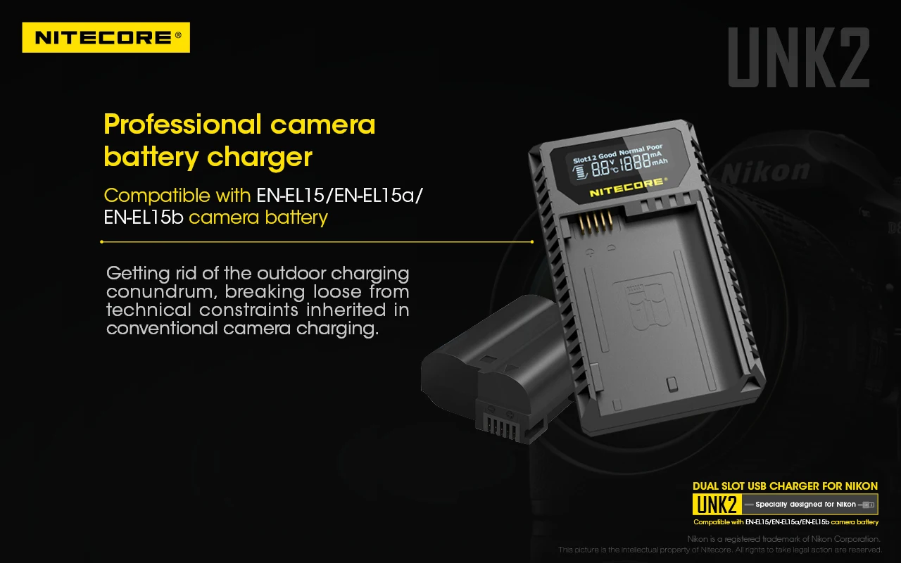 

Original Nitecore UNK2 dual-slot USB camera charger for camera battery EN-EL15/EN-EL15a/EN-EL15b