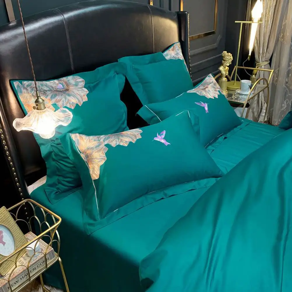 

Svetanya Dark Green Birds Egyptian Cotton Bedding Set Embroidery Linens Queen King Size Duvet Cover Fitted Sheet Pillow Shams