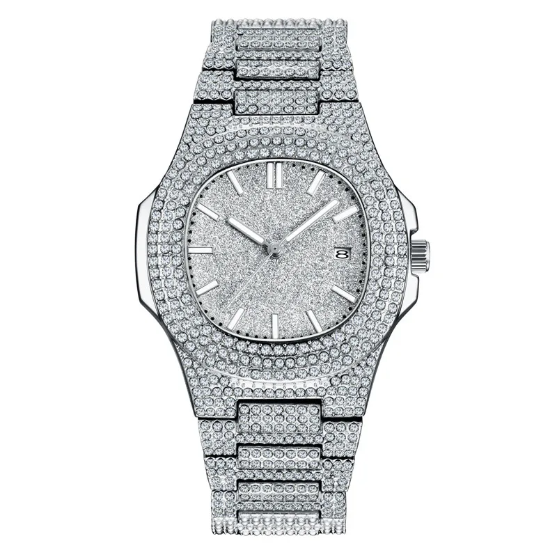 

COOL Hip Hop Men Luxury Brand Diamond Watches Fashion Alloy Band Gold Pointer Round Date Quartz Watch Montre Homme de Marque