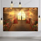 Фон лестница с красными занавесками для фотосъемки Винтажный Розовый цветок золотой замок дворец фон для бальной комнаты свадебный баннер