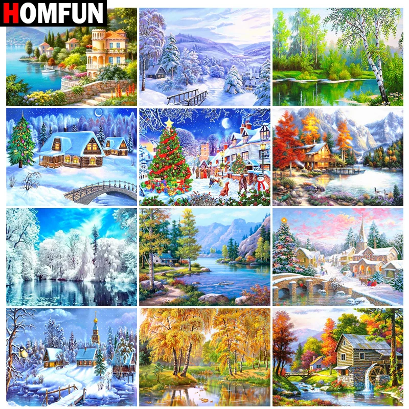 Алмазная живопись HOMFUN Снежная елка Рождественский пейзаж полный