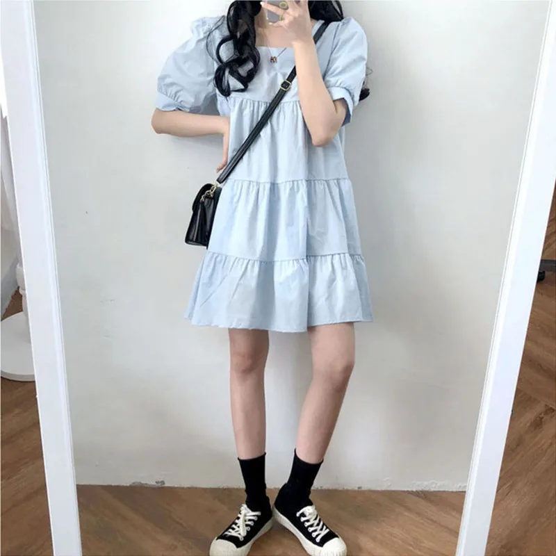 

2021 Korean Fashion Loose Dresses Bubble Sleeve Square Collar Women Dress Pullover A-line Skirt Splicing Long Linen Dress Women