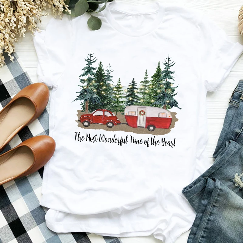 Женская милая Рождественская Футболка с принтом из мультфильма дерево грузовик