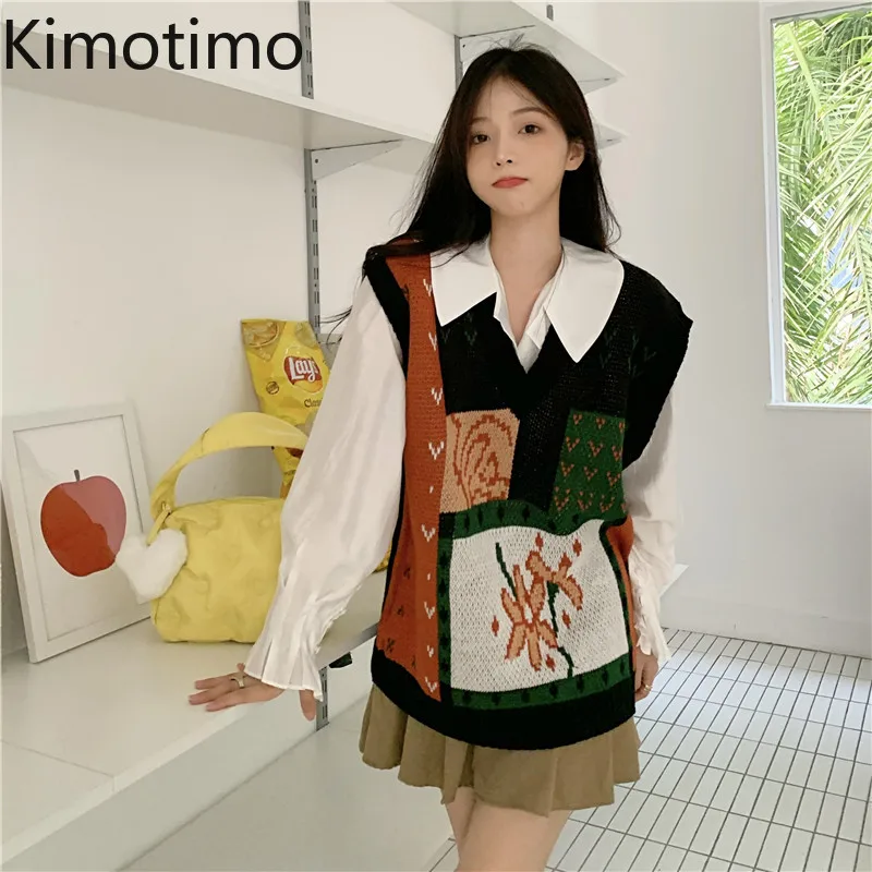 

Kimotimo Print Sweater Vest Women Korean Chic Lazy V-neck Sleeveless Pullover 2021 Autumn Winter Overlap Fashion Knit Waistcoat