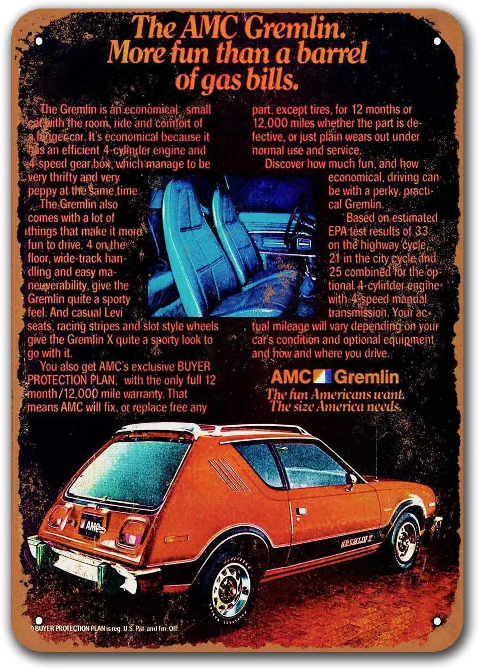 

Home Office Coffee Club 1978 AMC Gremlin Tin Metal Signs Vintage Cars Bar Poster Man Cave Garage Wall Decor Game Room